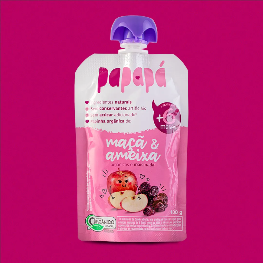 Kit 5 uni Papapa Papinha Orgânica Maçã e Ameixa 100g+6 Meses