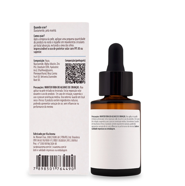 Sérum Uniformizador com Alpha Arbutin, Ácido Hialurônico, Zinco PCA e Vetiver 30ml – Via Aroma V.Skin