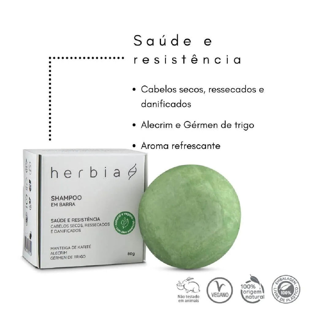 Shampoo em Barra Cabelos Secos Ressecados e Danificados Herbia 80g