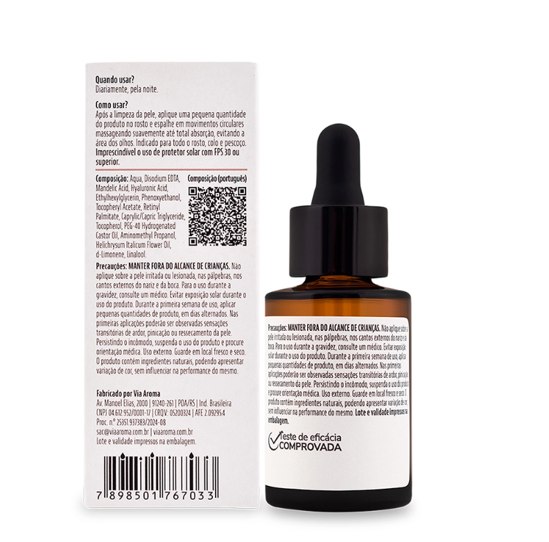Sérum Antissinais com Retinol, Ácido Mandélico e Óleo Essencial Immortelle 30ml – Via Aroma V.Skin
