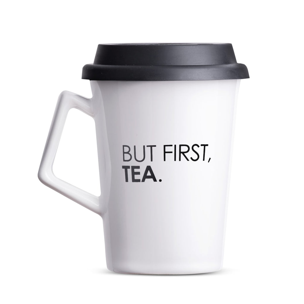 Caneca But First Tea Moncloa Branca 300ml com Tampa de Silicone Ceramica