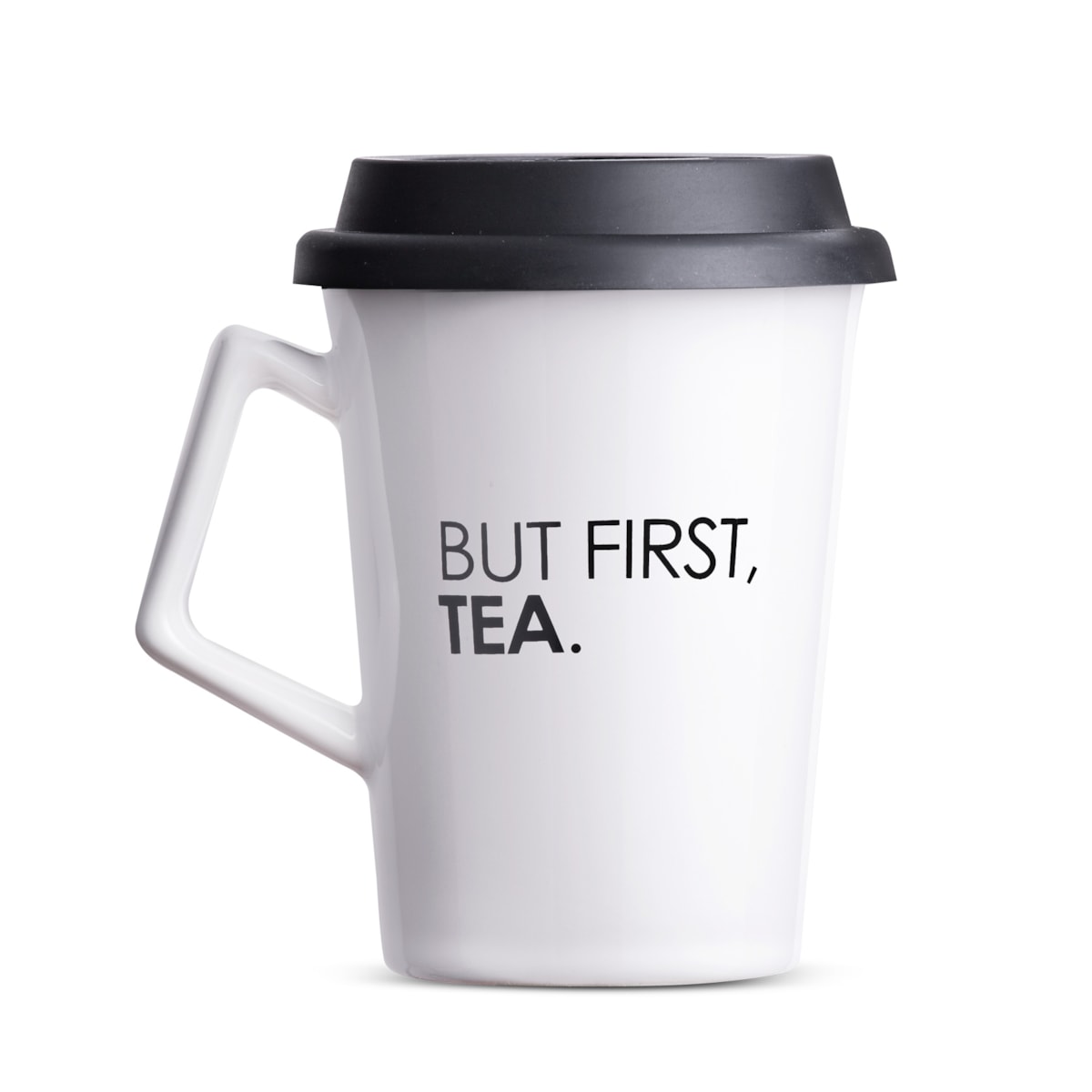 Caneca But First Tea Moncloa Branca 300ml com Tampa de Silicone Ceramica
