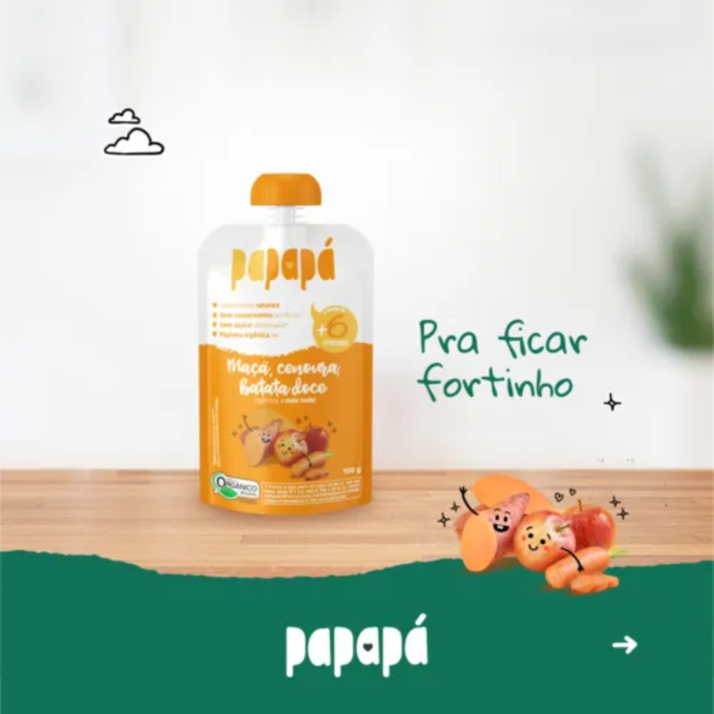 Kit 5 uni Papapa Papinha Orgânica Maca, Batata-Doce e Cenoura 100g+6Meses