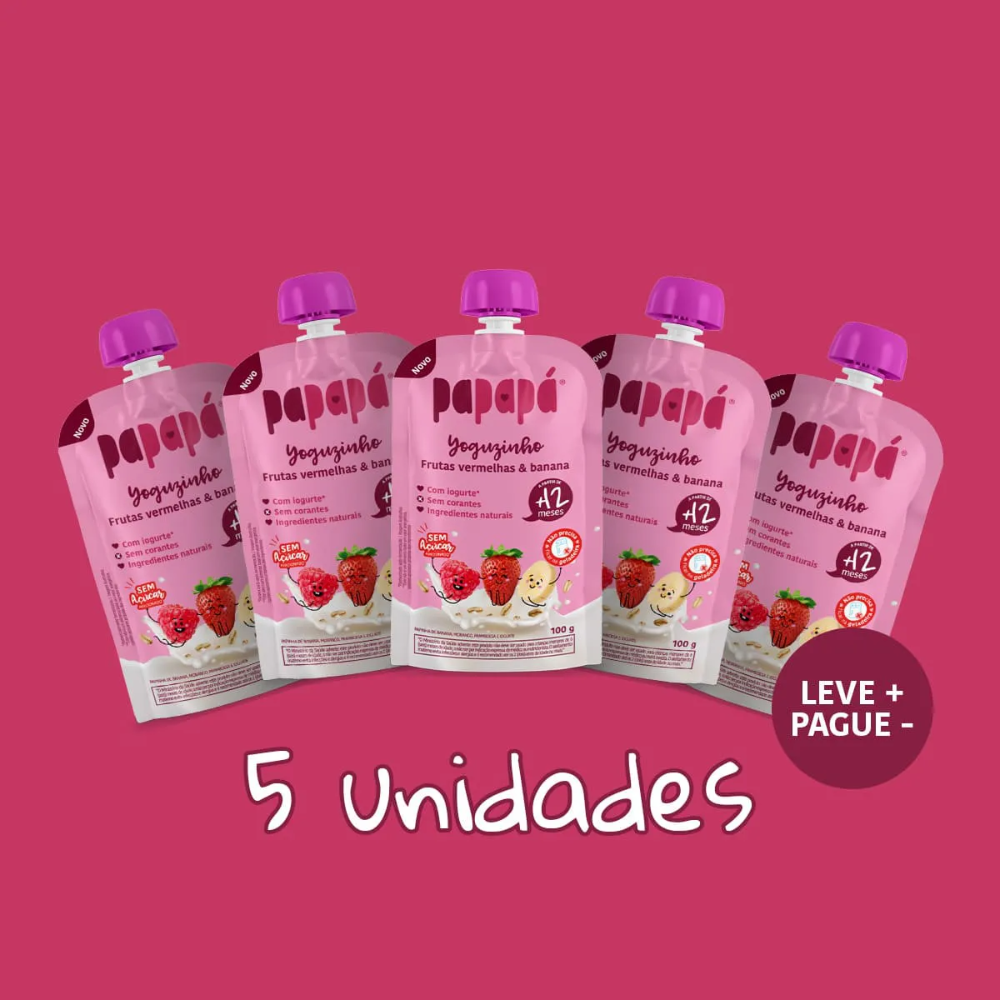 Kit 5 uni Papapa Yoguzinho Iogurte Frutas Vermelhas e Banana 100g+12Meses