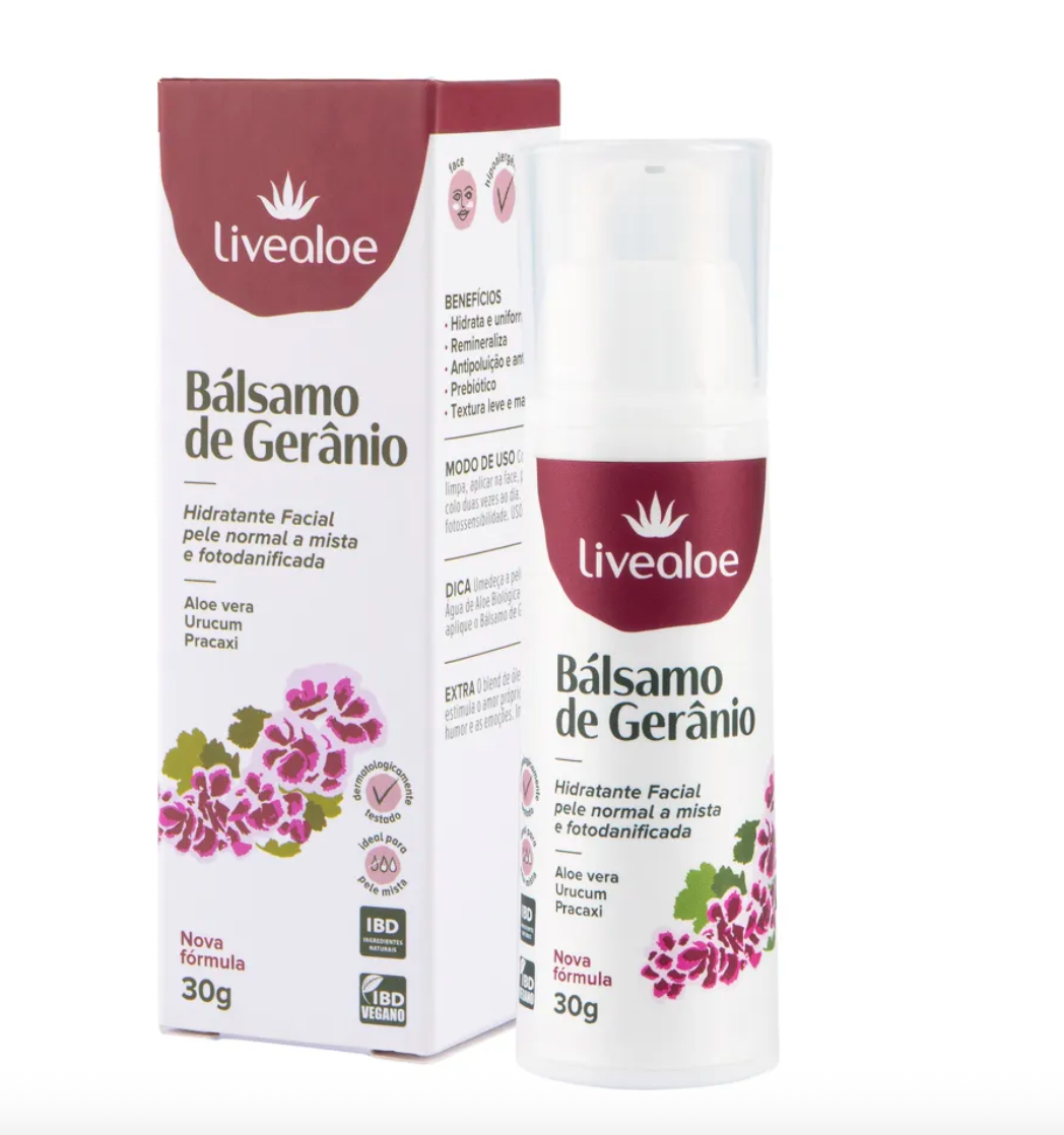 Balsamo de Geranio Livealoe 30g - Hidratante Facial Natural Pele Normal Mista