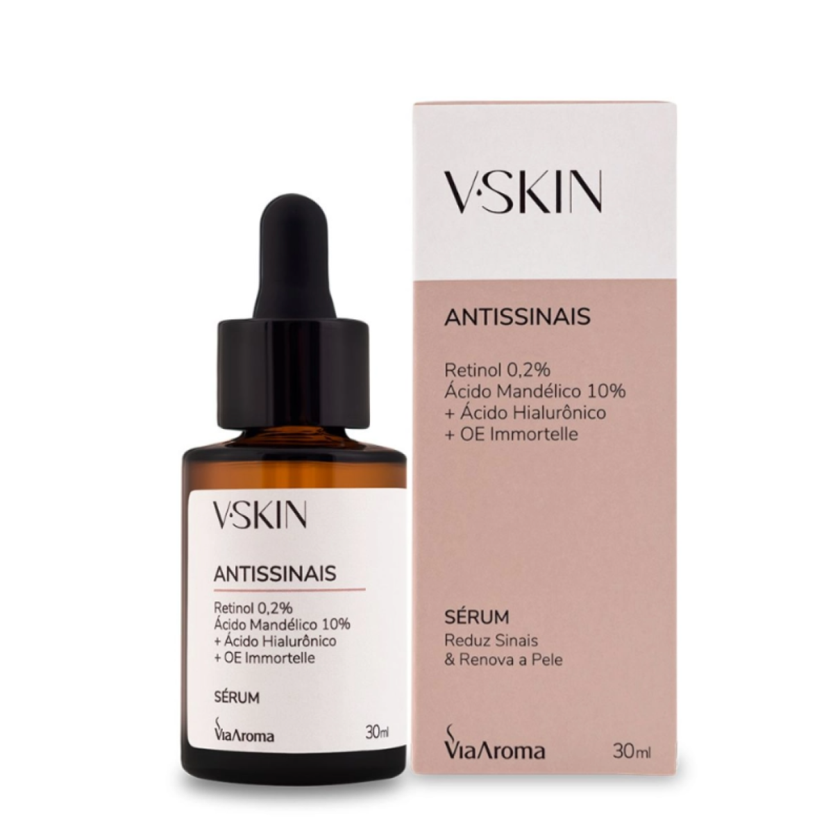 Sérum Antissinais com Retinol, Ácido Mandélico e Óleo Essencial Immortelle 30ml – Via Aroma V.Skin