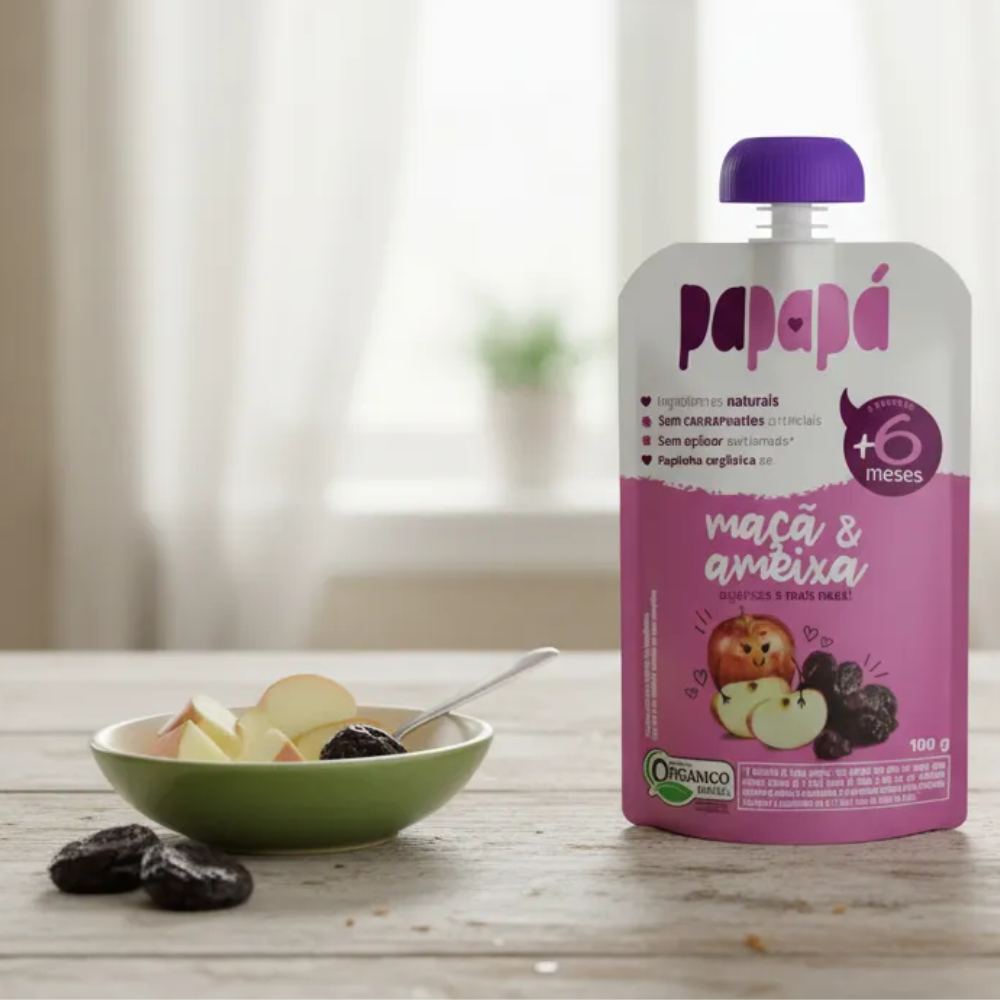 Kit 5 uni Papapa Papinha Orgânica Maçã e Ameixa 100g+6 Meses