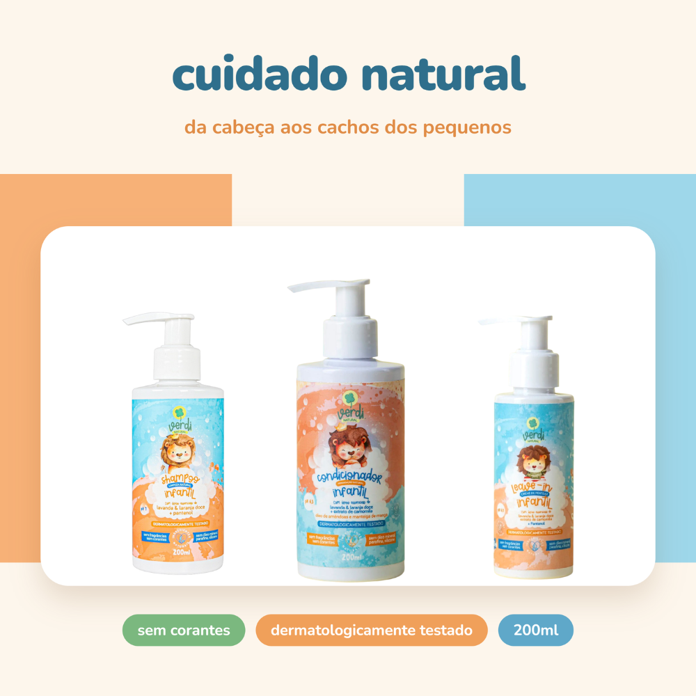 Kit Infantil Natural Verdi – Shampoo, Condicionador e Leave-in com Lavanda, Laranja Doce e Camomila