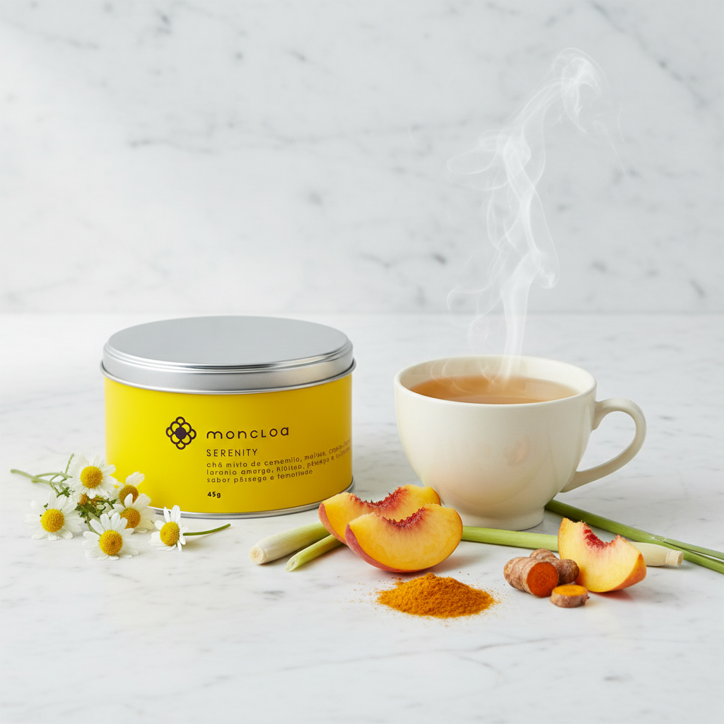 Cha Infusao de Ervas Serenity Moncloa Lata 45g Camomila Melissa Hibisco Pessego