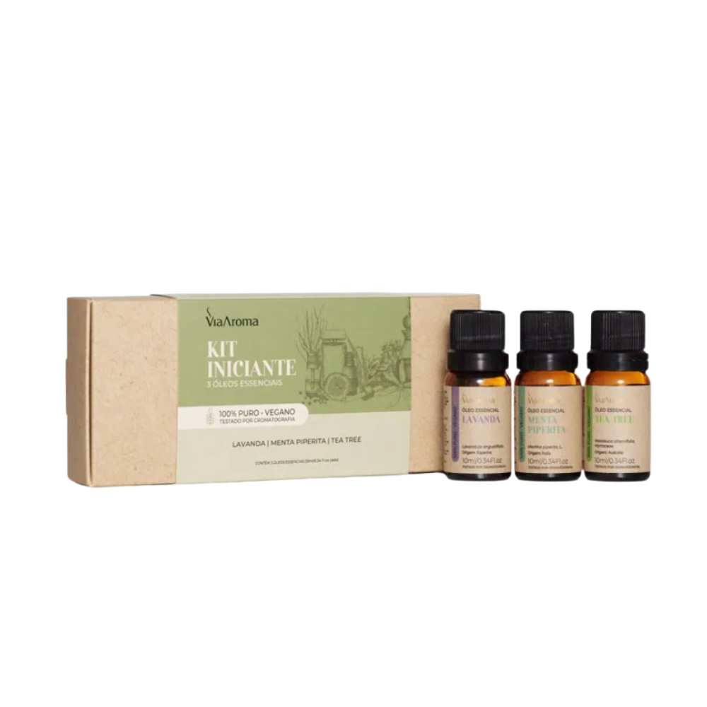 Kit 3 Óleos Essenciais Iniciante Via Aroma - Lavanda, Menta Piperita e Tea Tree