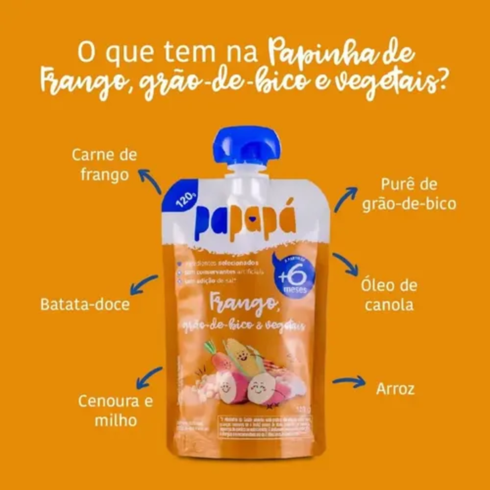 Kit 5 uni Papapa Papinha Frango, Grao-de-Bico e Vegetais Sem Sal 120g +6 Meses