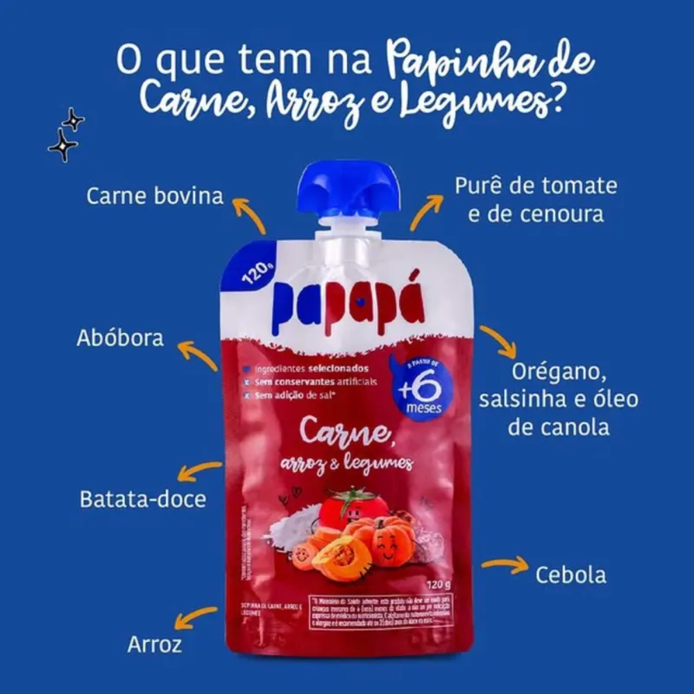 Kit 5 uni Papapa Papinha Carne, Arroz e Legumes Sem Conservantes 120g+6Meses