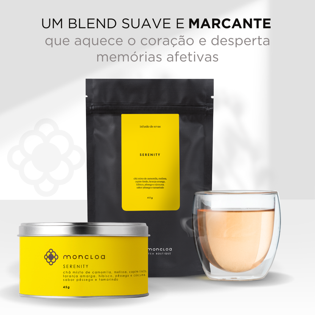 Cha Infusao de Ervas Serenity Moncloa Lata 45g Camomila Melissa Hibisco Pessego