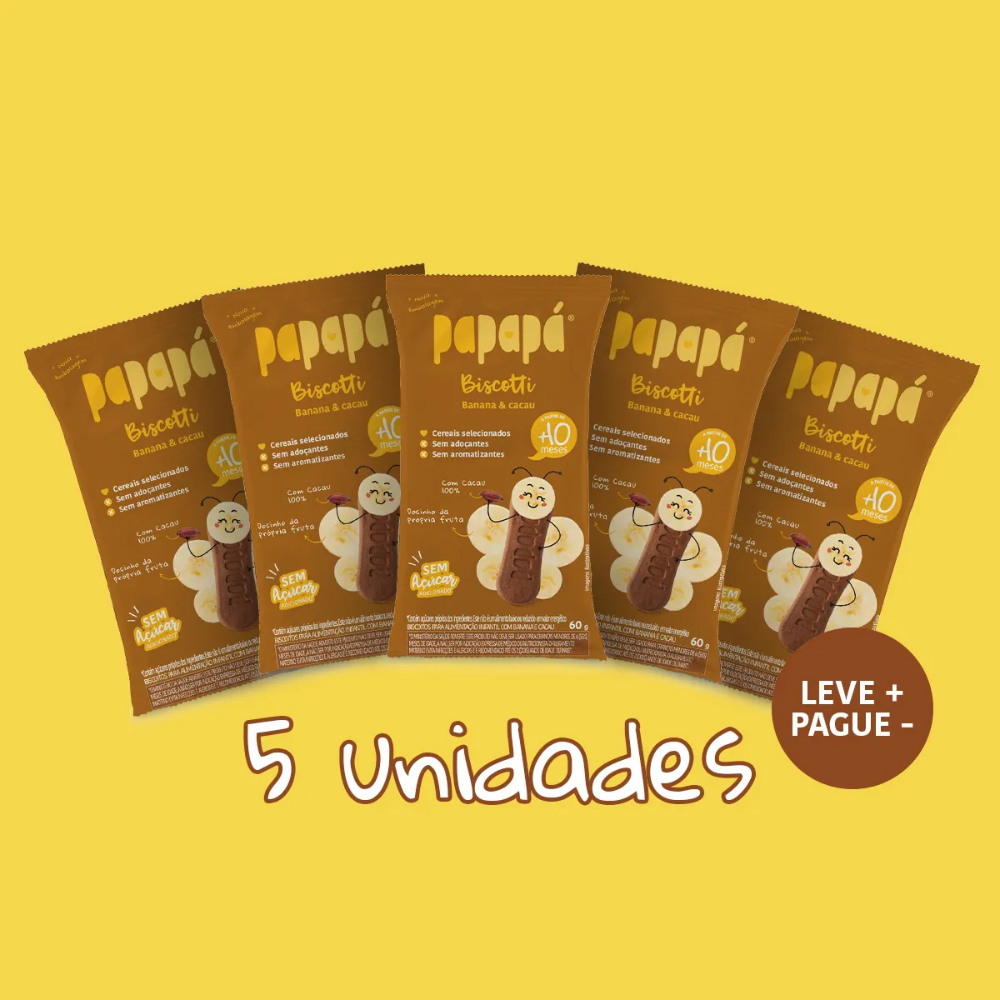Kit 5 uni Papapa Biscotti Biscoito Infantil Banana e Cacau 60g +10 Meses