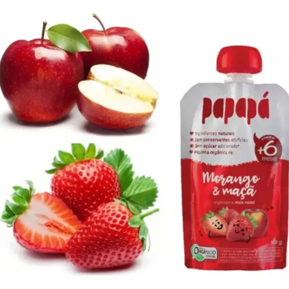 Kit 5 uni Papapa Papinha Orgânica Maçã e Morango 100g+6Meses