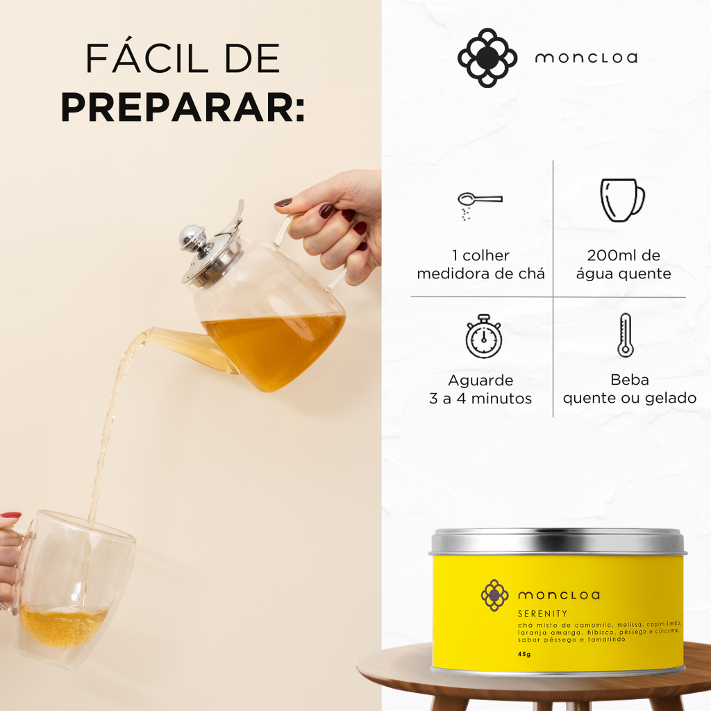 Cha Infusao de Ervas Serenity Moncloa Lata 45g Camomila Melissa Hibisco Pessego