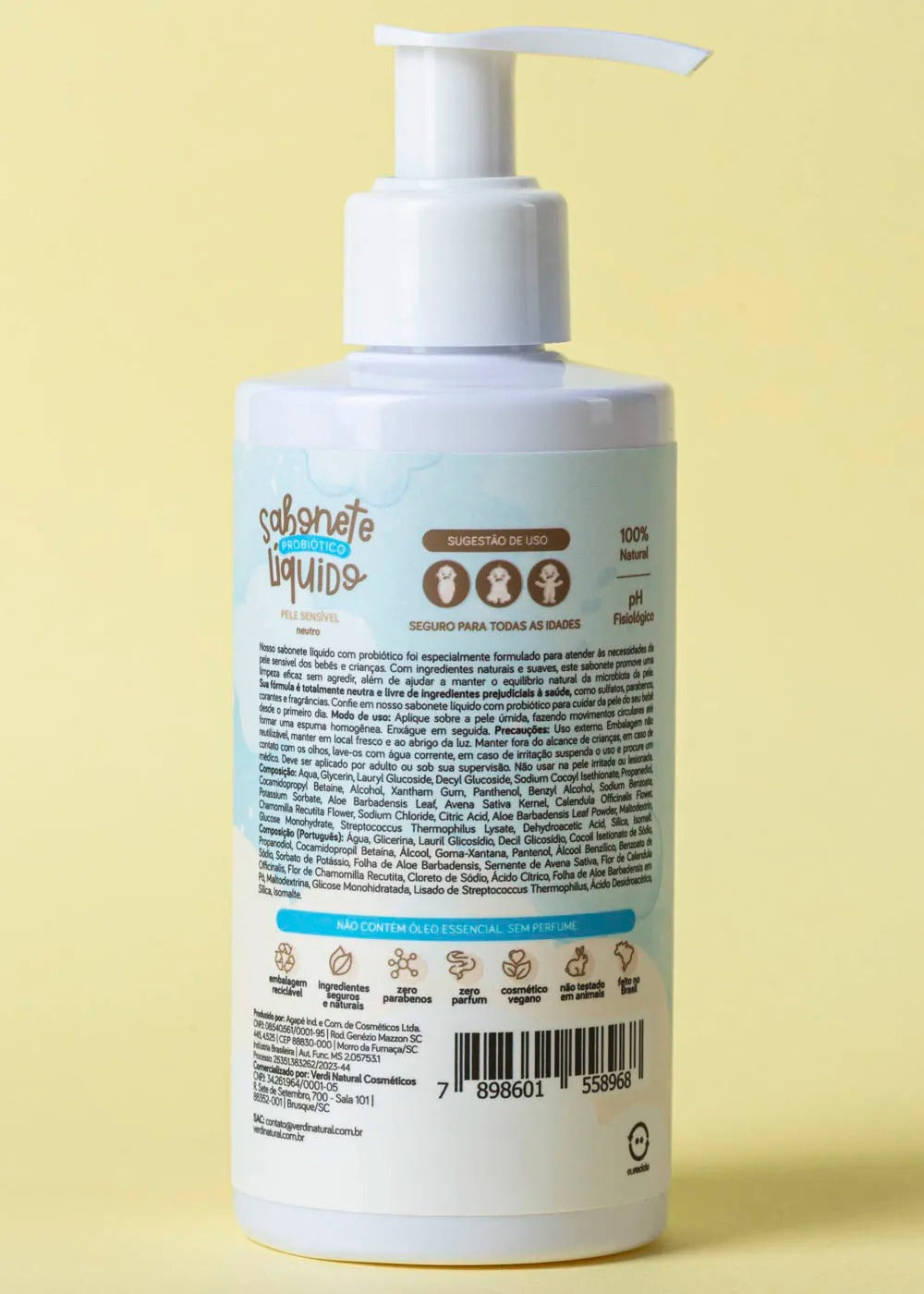 Sabonete Líquido Infantil Probiótico Neutro Verdi 200ml