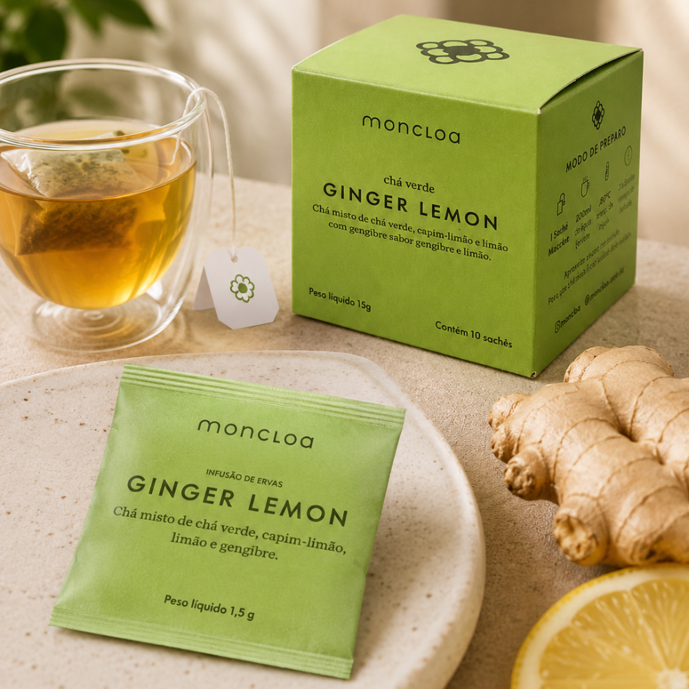 Chá Verde Ginger Lemon Moncloa 15g caixa com 10 sachês