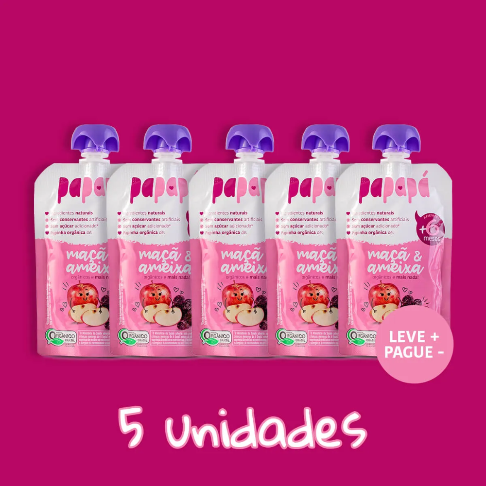 Kit 5 uni Papapa Papinha Orgânica Maçã e Ameixa 100g+6 Meses