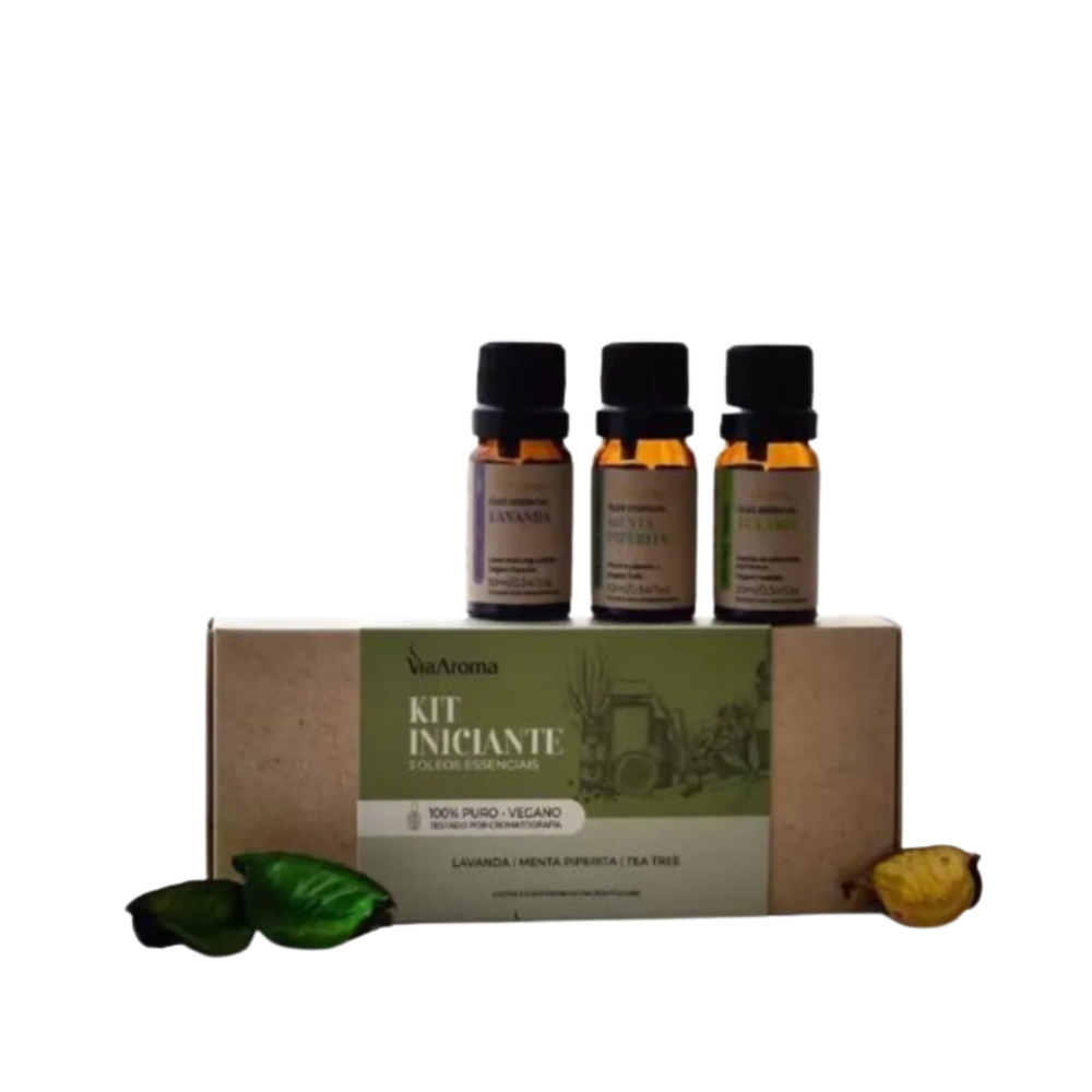 Kit 3 Óleos Essenciais Iniciante Via Aroma - Lavanda, Menta Piperita e Tea Tree