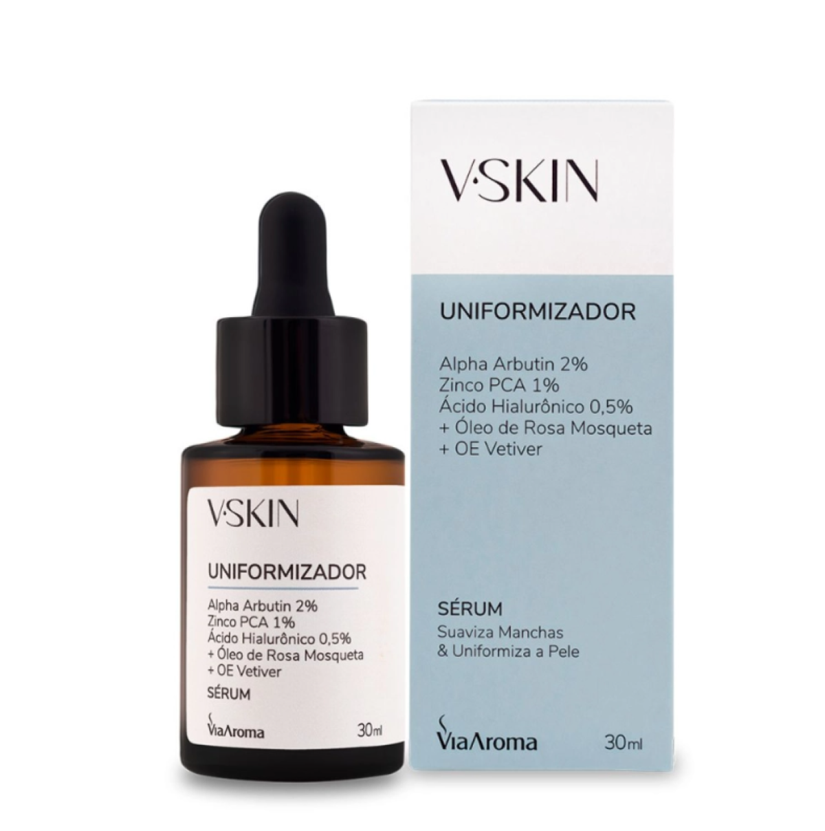 Sérum Uniformizador com Alpha Arbutin, Ácido Hialurônico, Zinco PCA e Vetiver 30ml – Via Aroma V.Skin