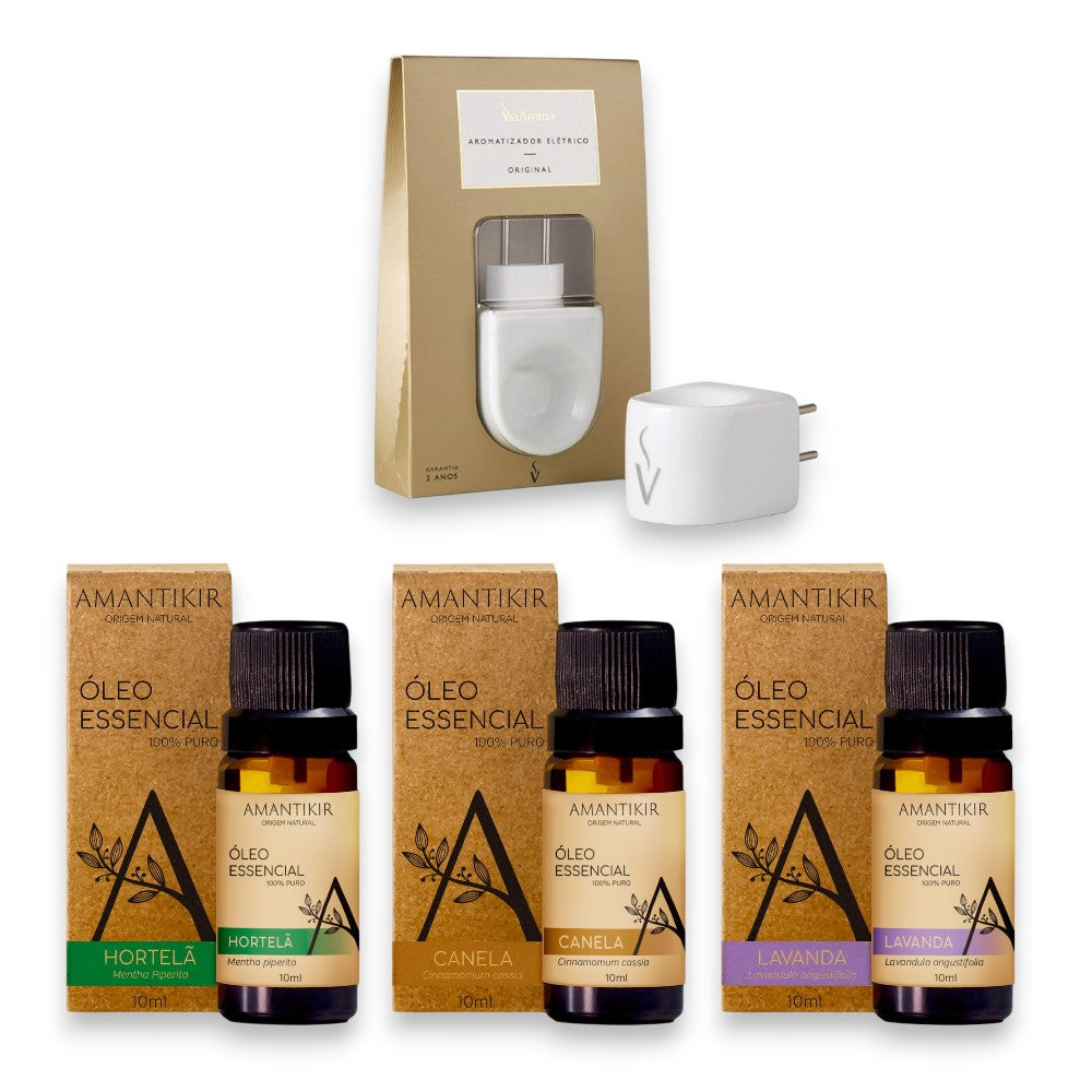 Kit Aromaterapia Essencial (Hortelã + Lavanda + Canela + Difusor)