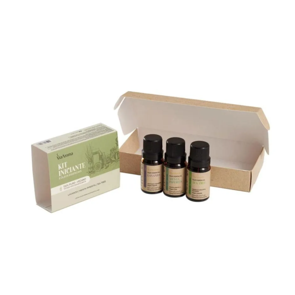 Kit 3 Óleos Essenciais Iniciante Via Aroma - Lavanda, Menta Piperita e Tea Tree