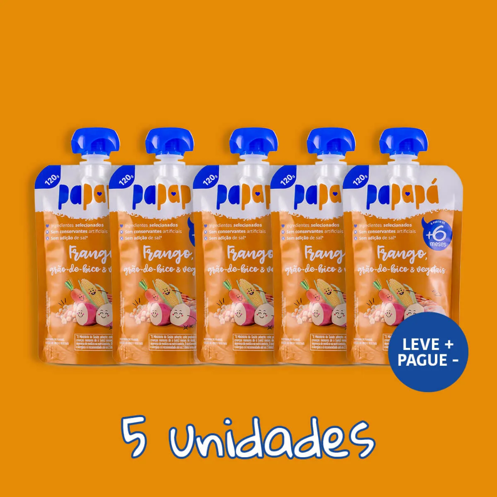 Kit 5 uni Papapa Papinha Frango, Grao-de-Bico e Vegetais Sem Sal 120g +6 Meses