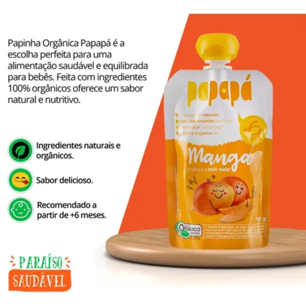 Kit 5 uni Papapa Papinha Orgânica Manga Sem Açúcar 100g+6Meses