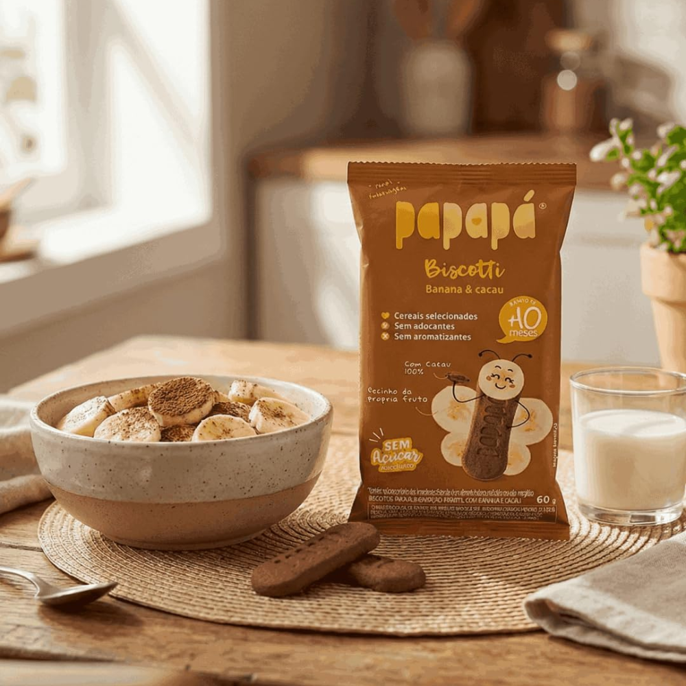 Kit 5 uni Papapa Biscotti Biscoito Infantil Banana e Cacau 60g +10 Meses