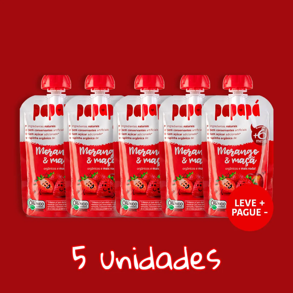 Kit 5 uni Papapa Papinha Orgânica Maçã e Morango 100g+6Meses